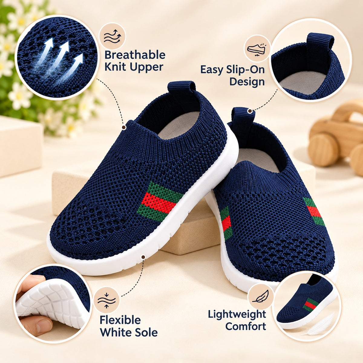 Smile Baby boys navy knit slip-on shoes breathable and flexible features