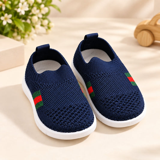 Smile Baby boys navy breathable knit slip-on shoes front view