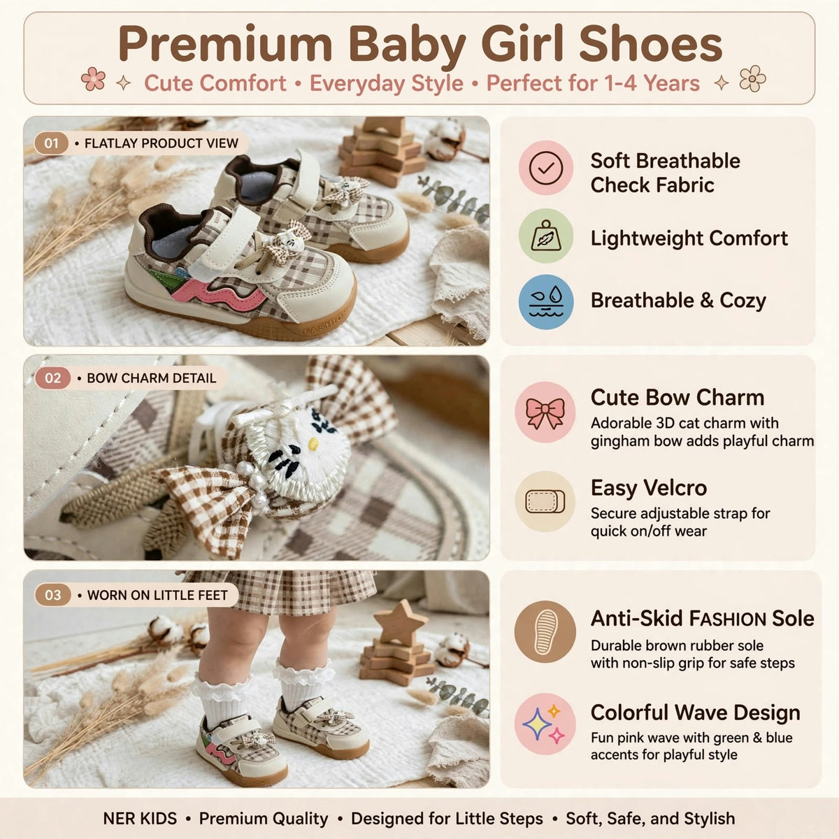 Smile Baby girls beige shoes feature infographic with bow charm and anti-skid sole