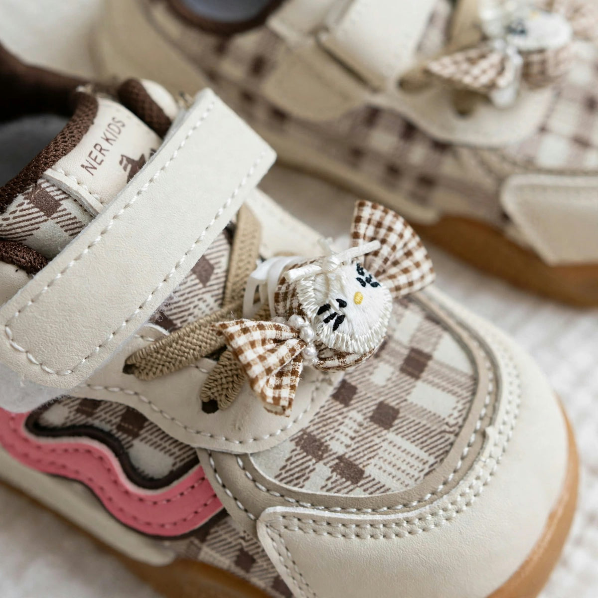 Smile Baby girls beige toddler shoes with soft checked upper and Velcro strap