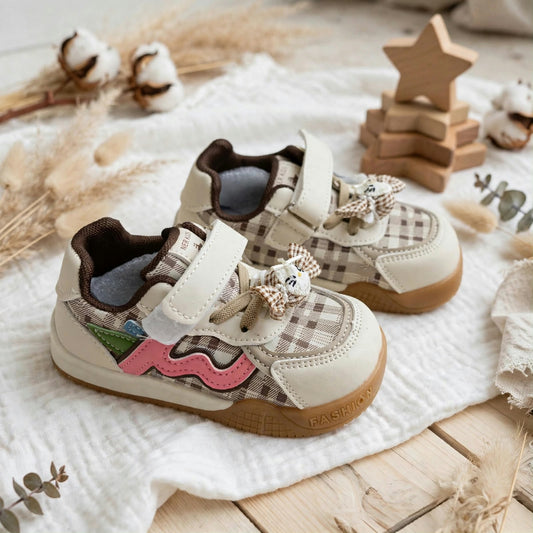 Smile Baby girls beige checked shoes with bow charm and adjustable strap