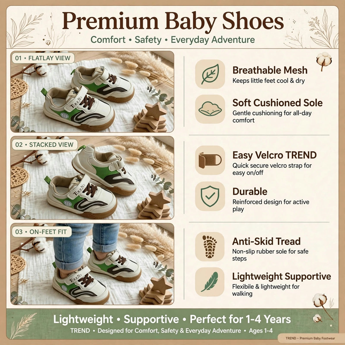 Smile Baby boys khakhi sneakers features breathable mesh and anti-skid sole
