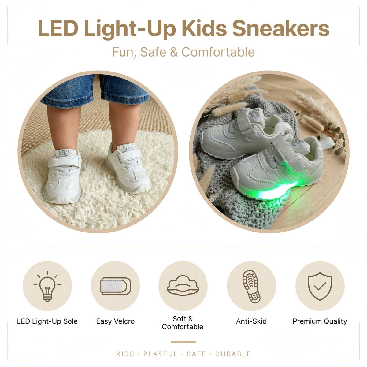SMILE BABY white LED light-up kids sneakers feature guide