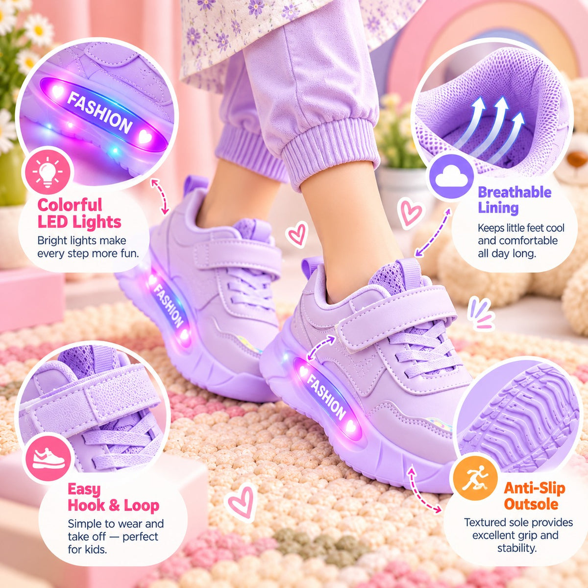 Smile Baby purple girls LED sneakers breathable lining anti slip outsole features