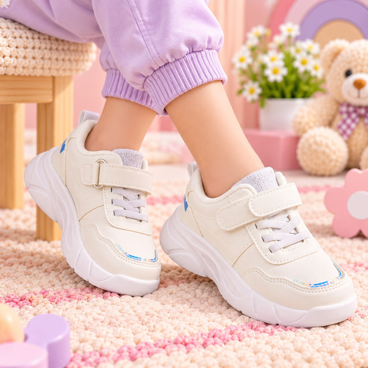 Smile Baby girls white LED sneakers worn by toddler