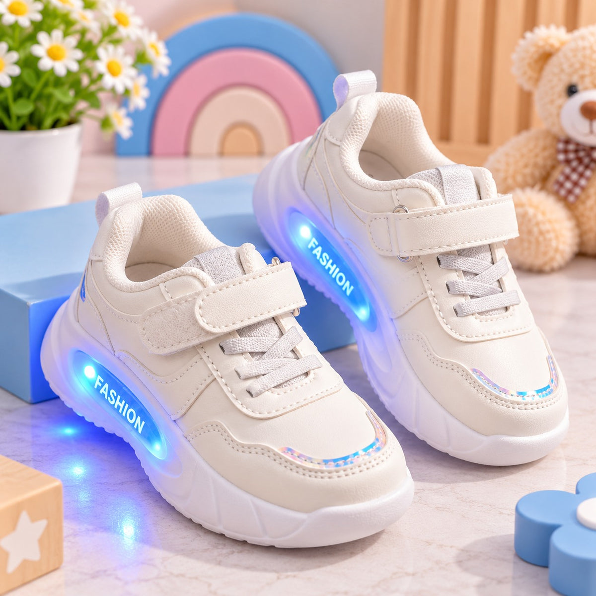 Smile Baby white girls LED sneakers glowing blue light up sole