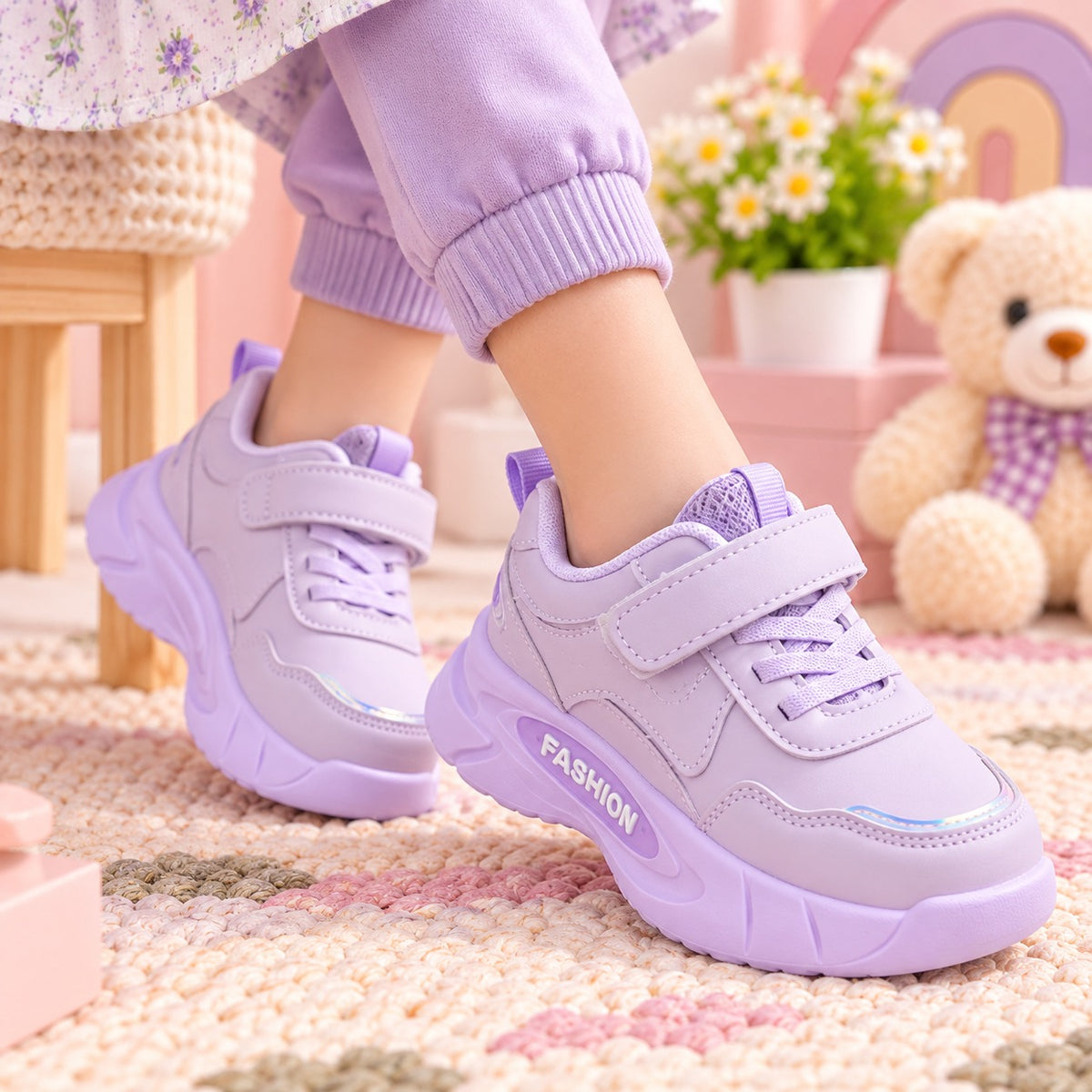 Smile Baby purple girls LED sneakers worn by child