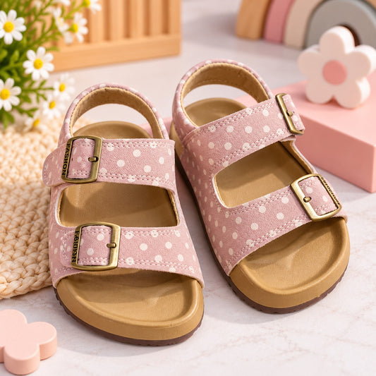 Smile Baby girls pink polka dot sandals front view with double buckle straps