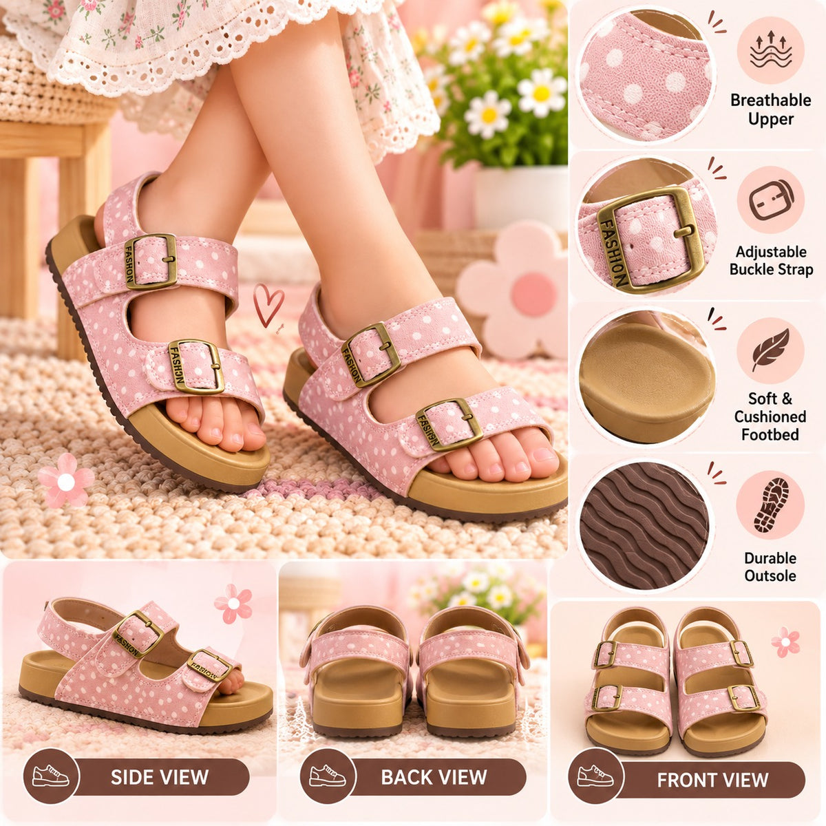 Smile Baby pink girls sandals with adjustable gold-tone buckle straps and cushioned footbed feature details