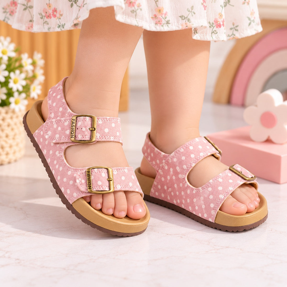 Smile Baby girls pink polka dot double buckle sandals worn view