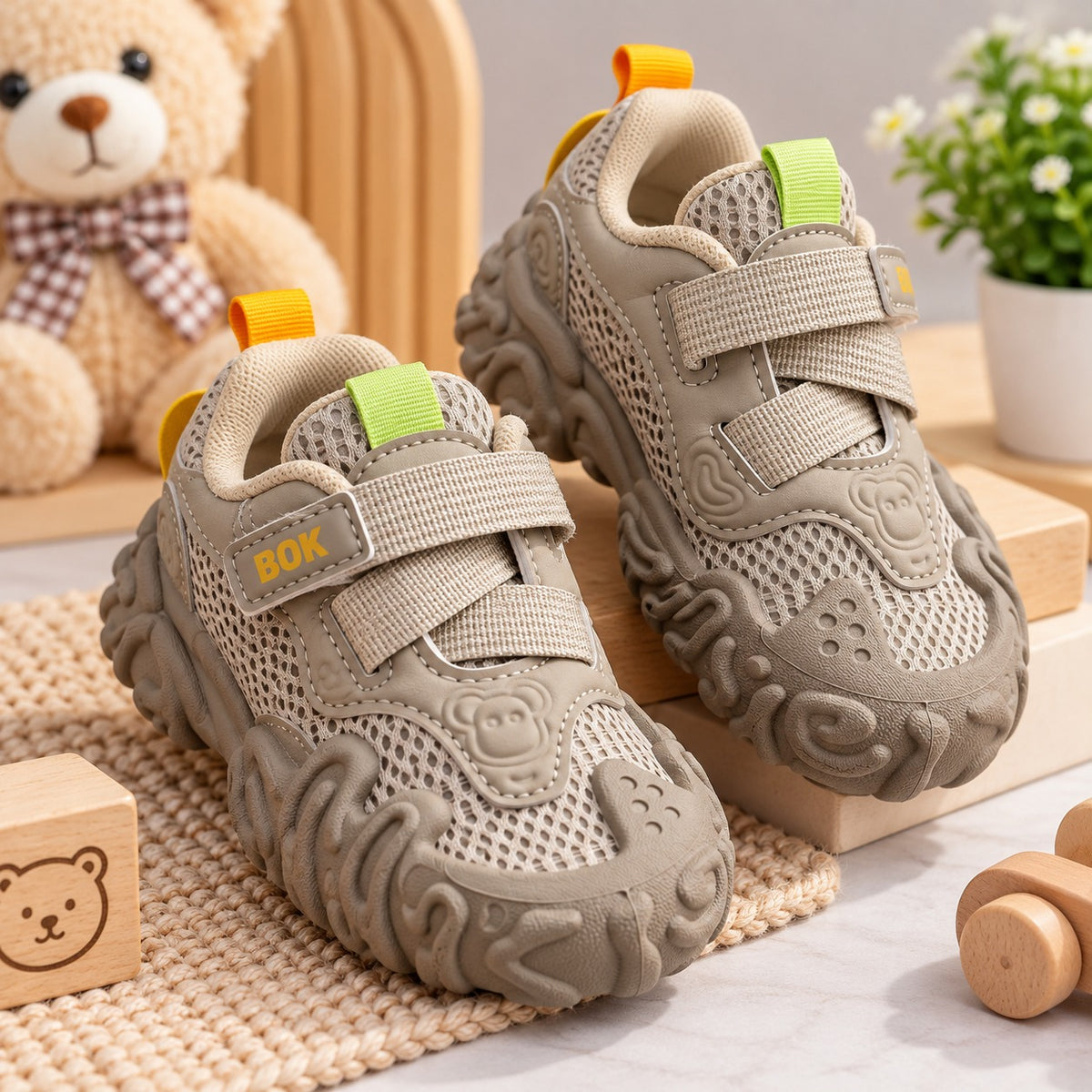 Smile Baby beige toddler boys sneakers front view showing mesh upper, double straps and chunky sole