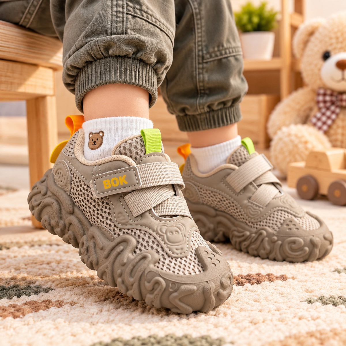 Smile Baby beige toddler boys sneakers with breathable mesh upper and easy hook-and-loop straps