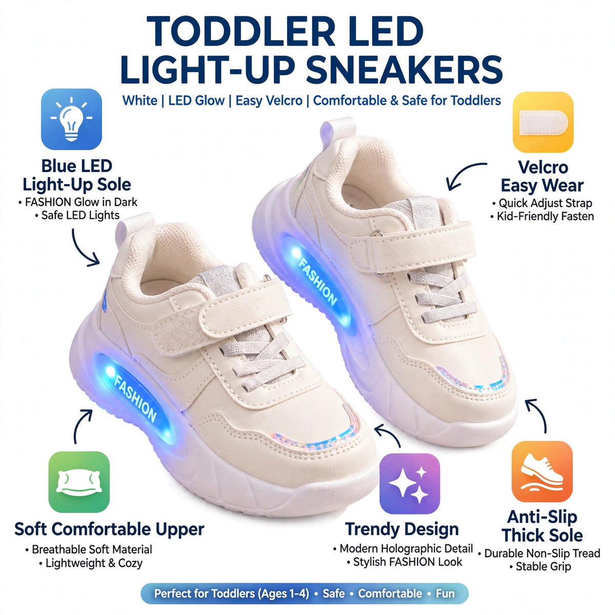 Smile Baby white toddler LED light up sneakers feature infographic