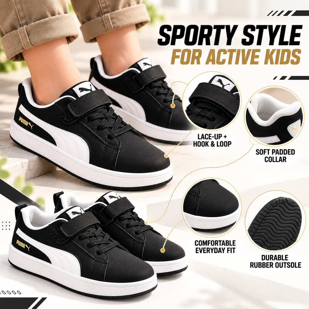 Smile Baby boys black white sneakers feature graphic with Velcro strap and rubber outsole