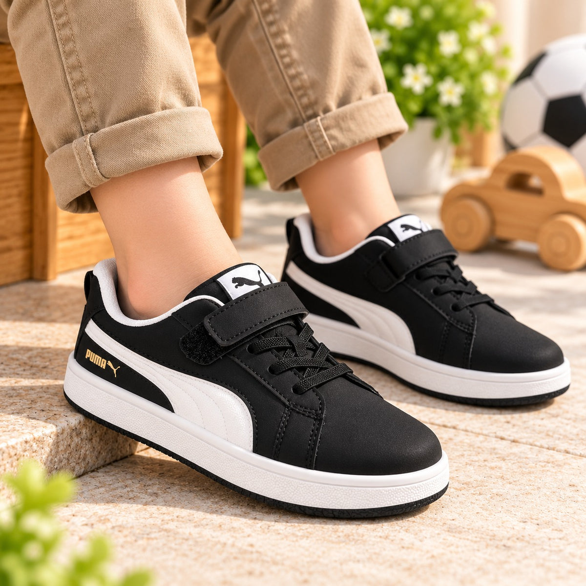 Smile Baby boys black sneakers worn with Velcro strap and cushioned collar