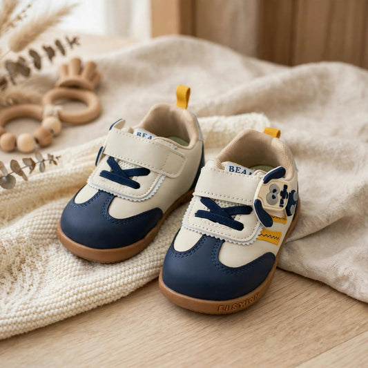 Smile Baby baby boy blue and beige sneakers product view with Velcro closure
