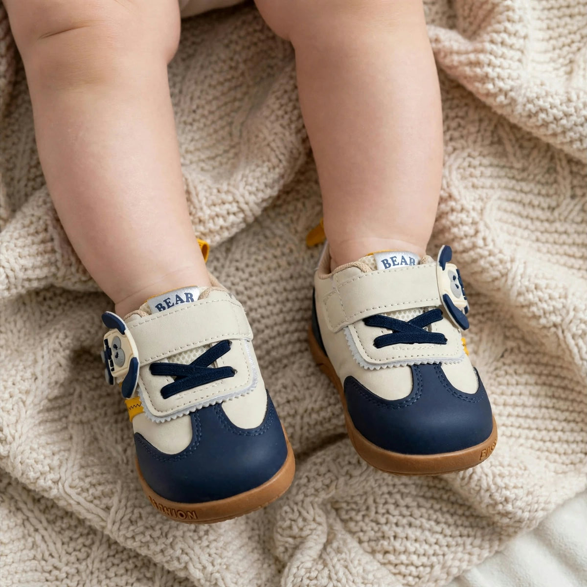 Smile Baby baby boy blue sneakers worn with soft comfortable fit