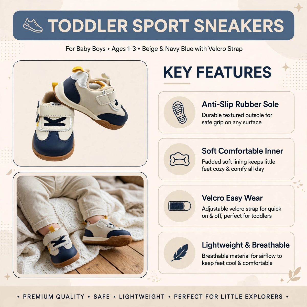 Smile Baby baby boy blue and beige sneakers with Velcro strap