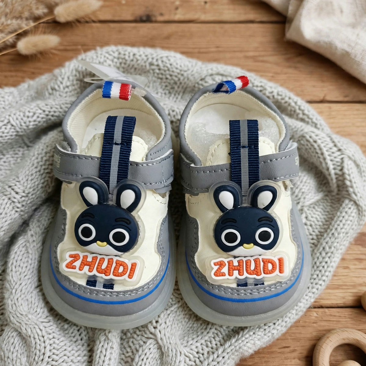 Smile Baby grey bunny LED light shoes front view for baby boys