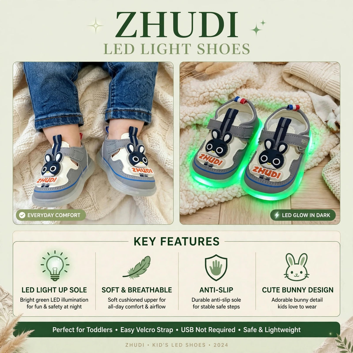 Smile Baby boys grey LED light shoes with bunny design and easy Velcro strap