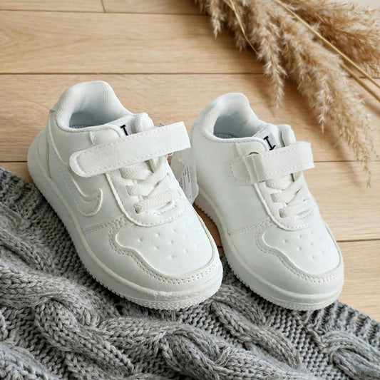 Smile Baby white girls shoes front product view with cushioned sole