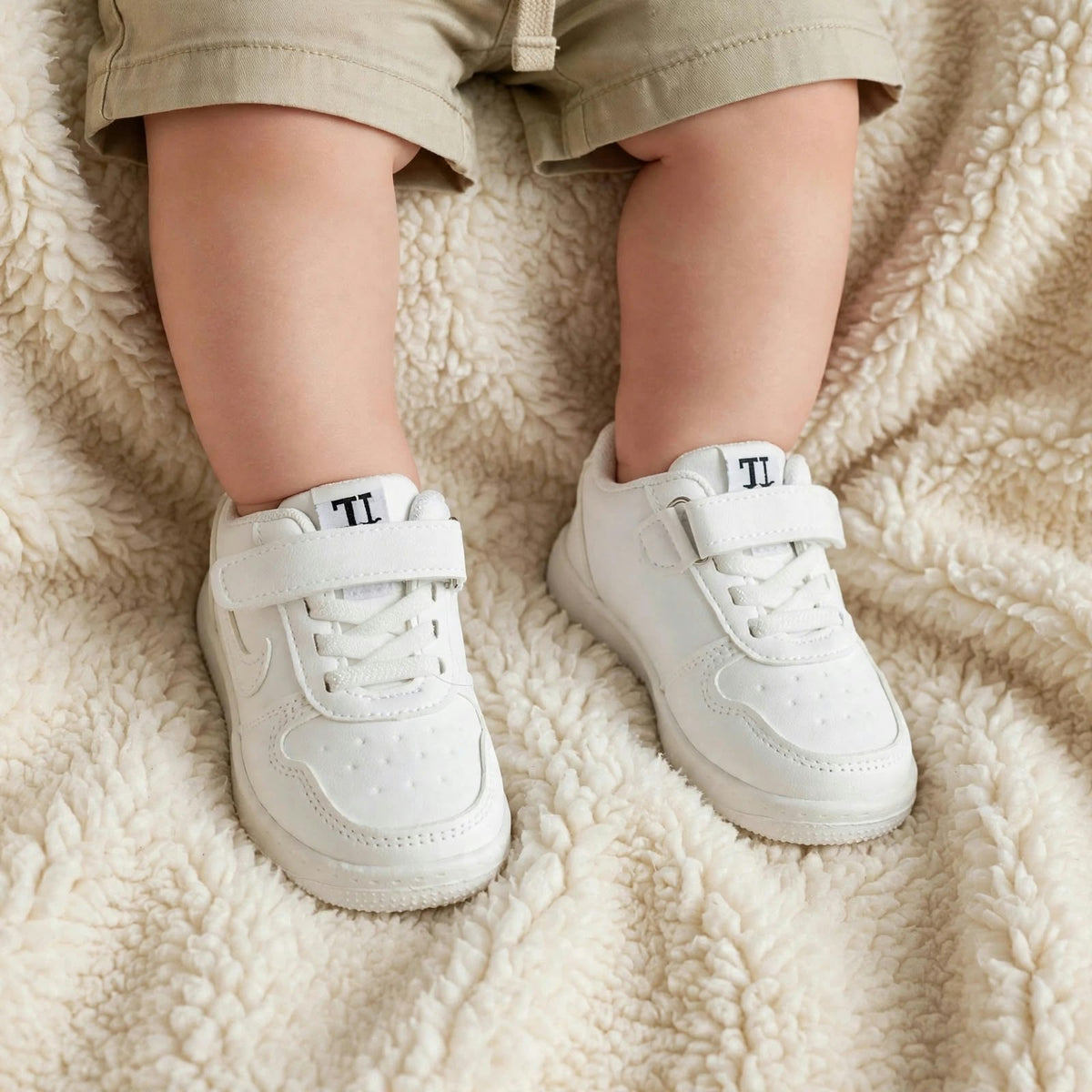 Smile Baby girls white shoes worn on baby feet with Velcro strap