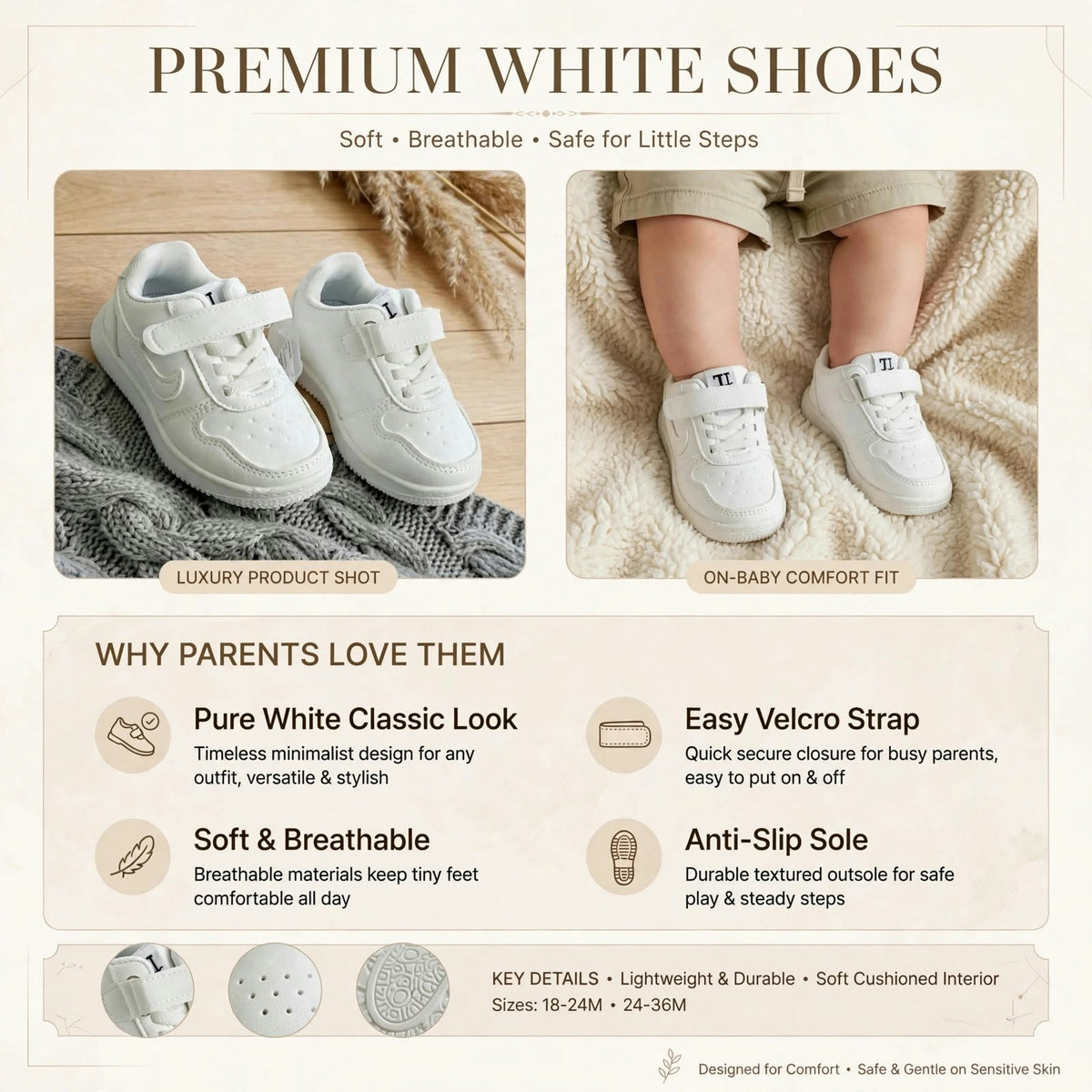 Smile Baby girls white shoes with easy Velcro strap and classic design
