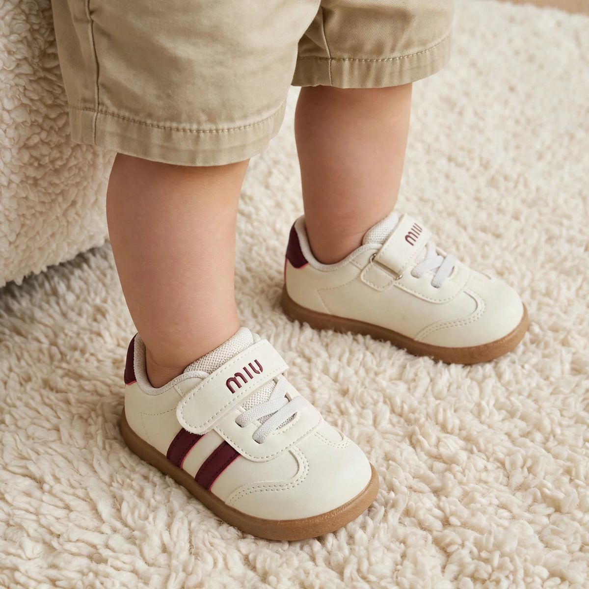 SMILE BABY boys cream and red sneakers worn on child