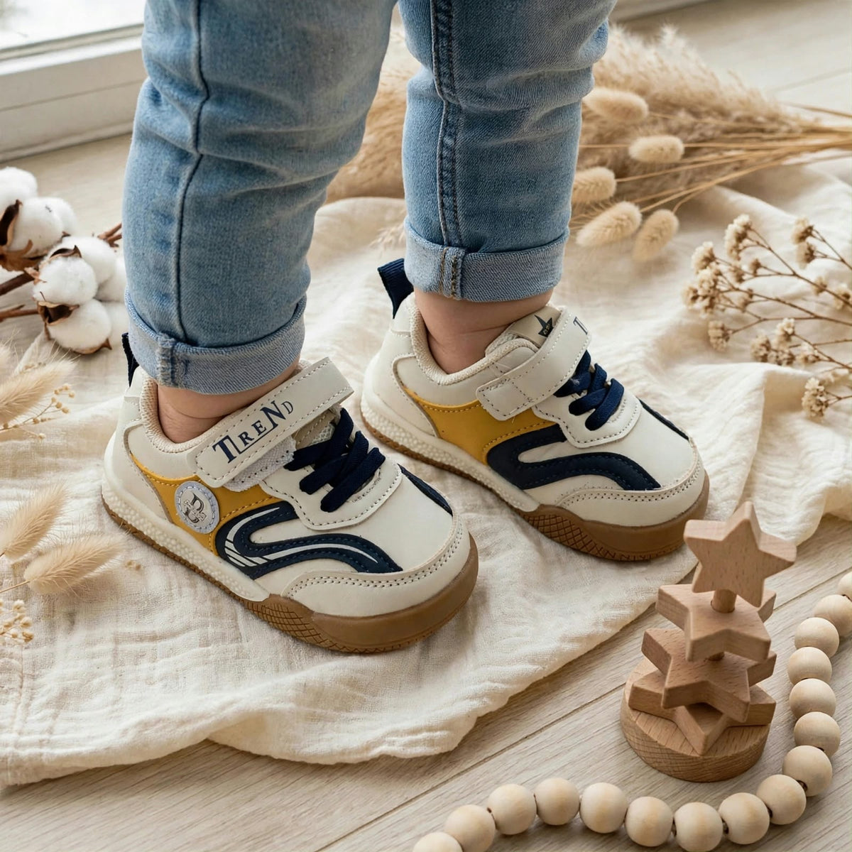 Smile Baby boys white blue mustard sneakers on feet side view