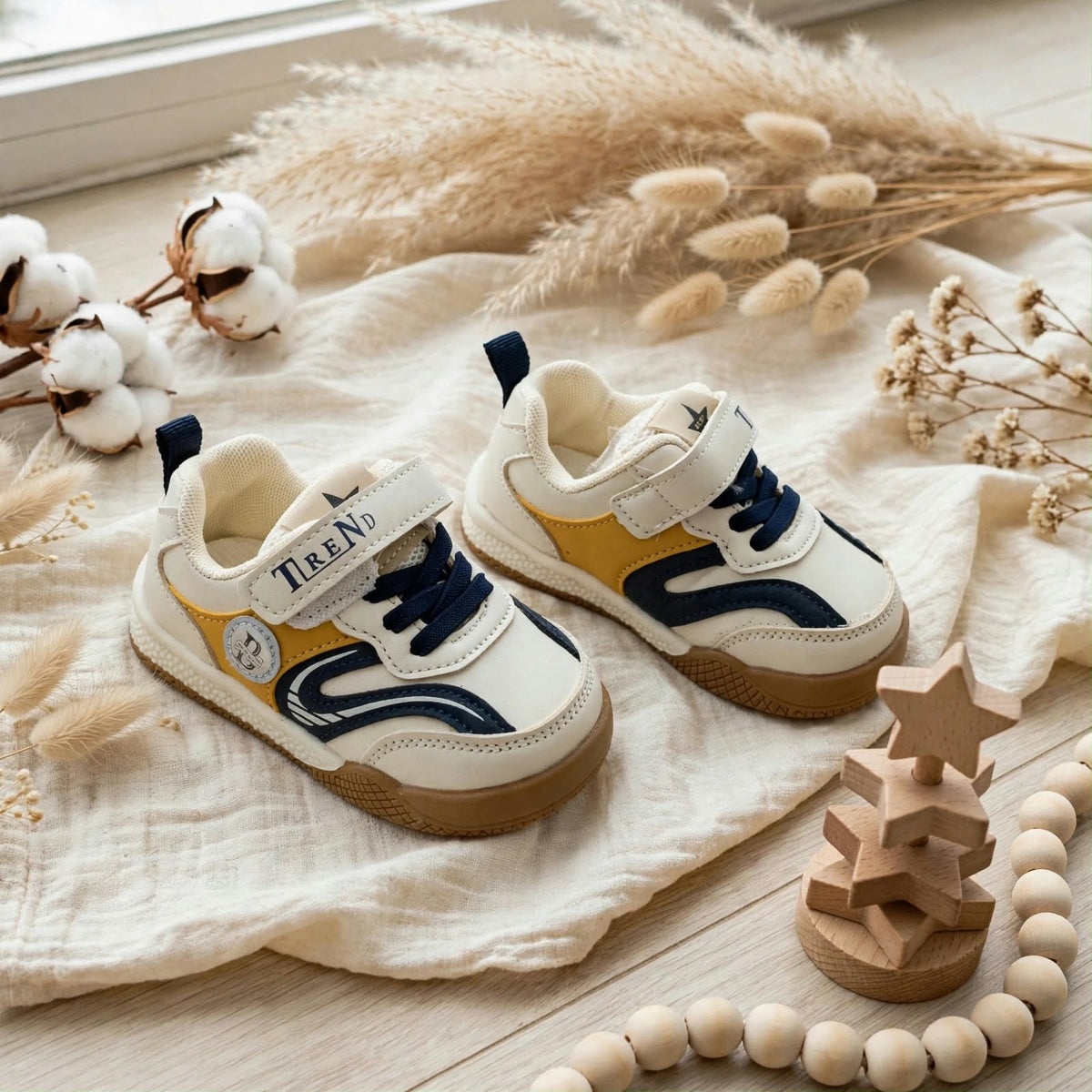 Smile Baby boys sneakers worn on feet white blue mustard casual shoes