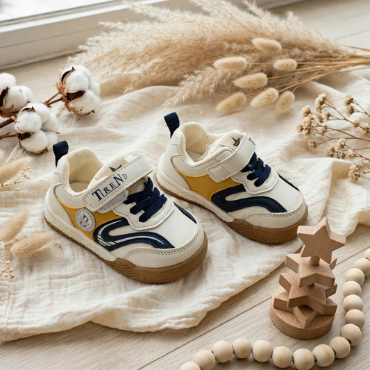 Smile Baby boys sneakers worn on feet white blue mustard casual shoes
