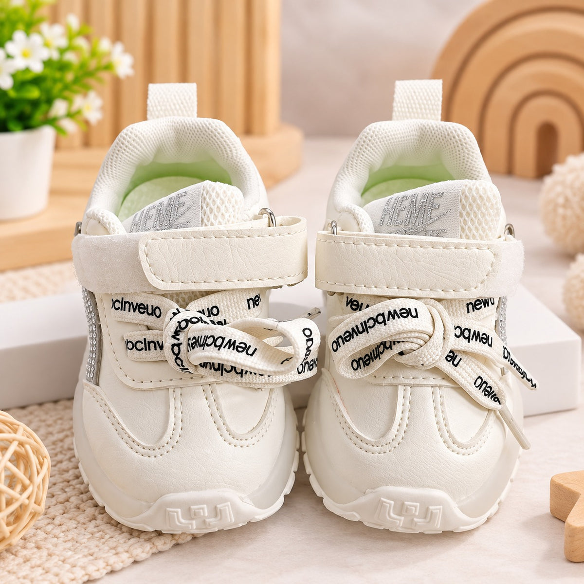 Smile Baby girls white light-up sneakers rear view with padded collar and strap