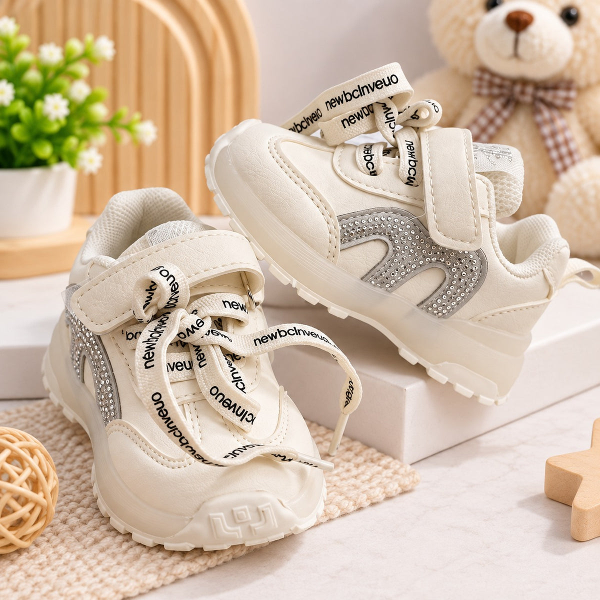 Smile Baby girls white LED light-up sneakers with rhinestone detail and adjustable strap