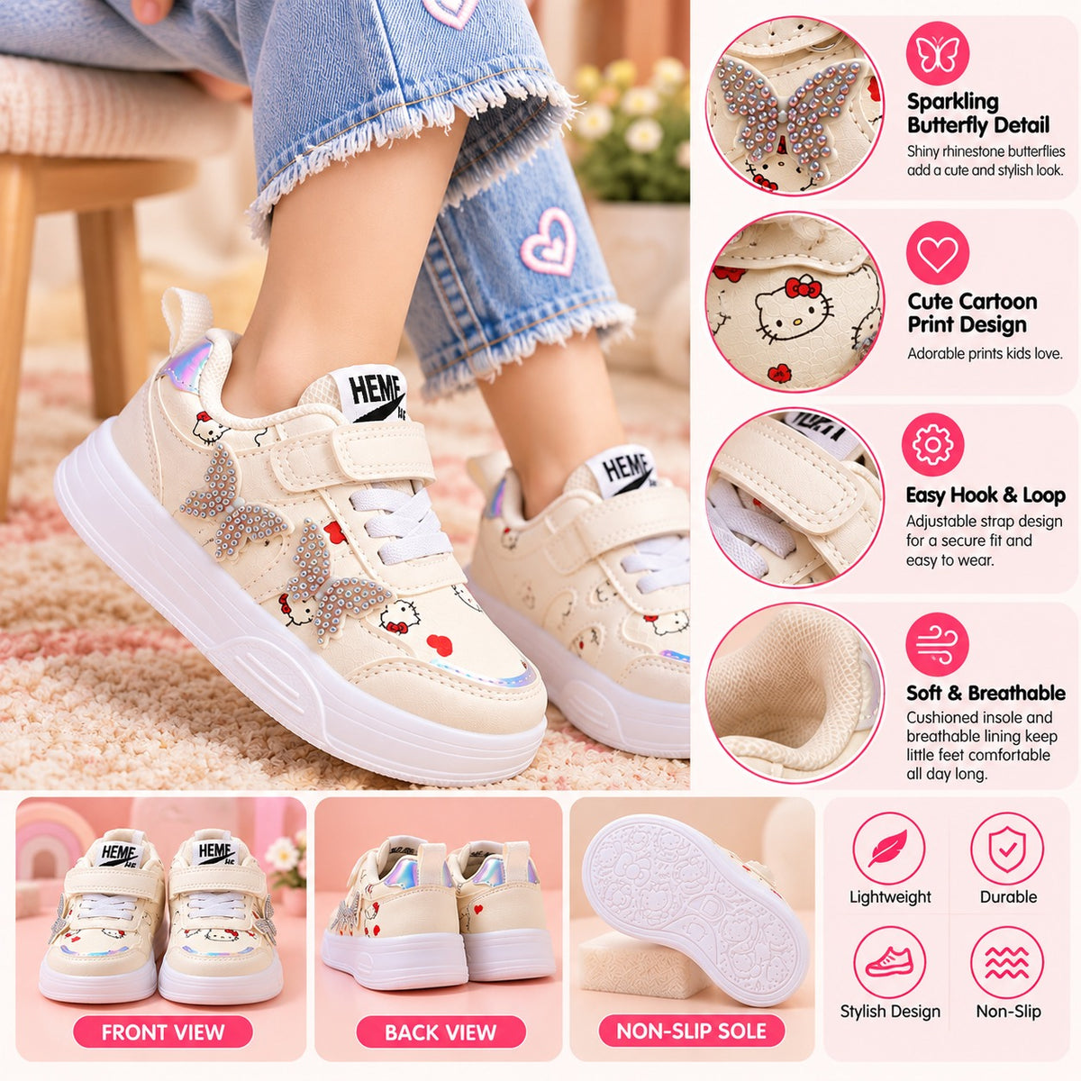 Smile Baby girls white sneakers with sparkling butterfly rhinestone detail and adjustable hook and loop strap