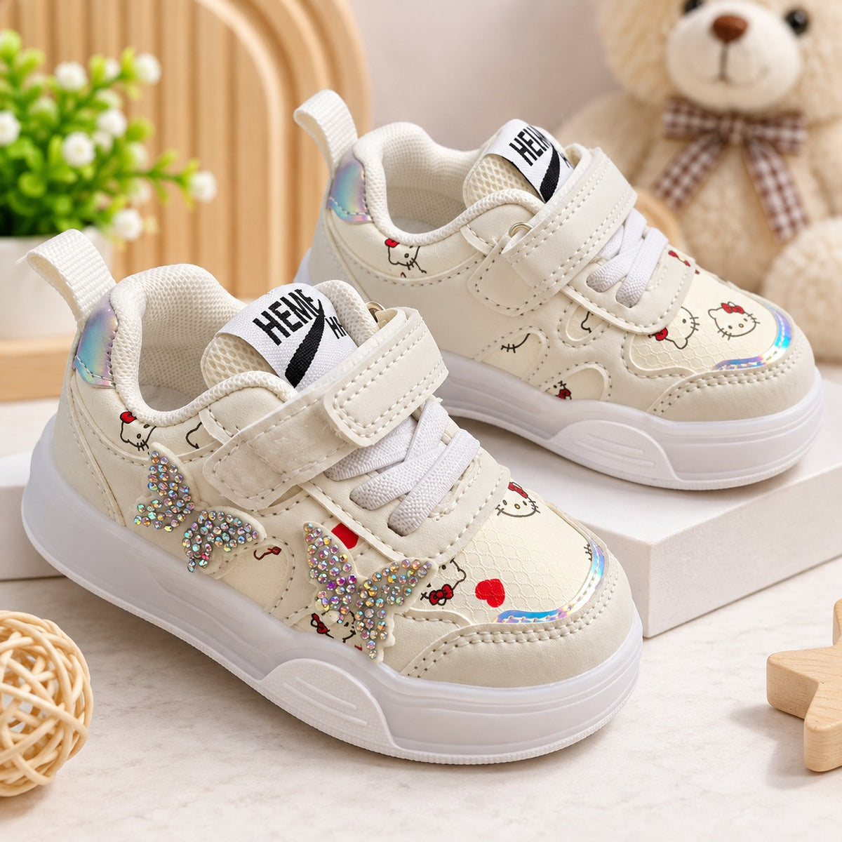 Smile Baby girls white printed sneakers with sparkling butterfly detail and non slip sole