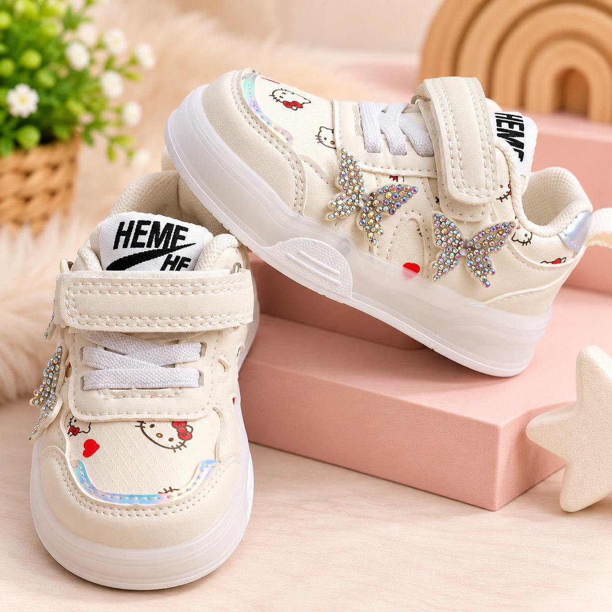 Smile Baby girls white butterfly sneakers front and side view with hook and loop strap