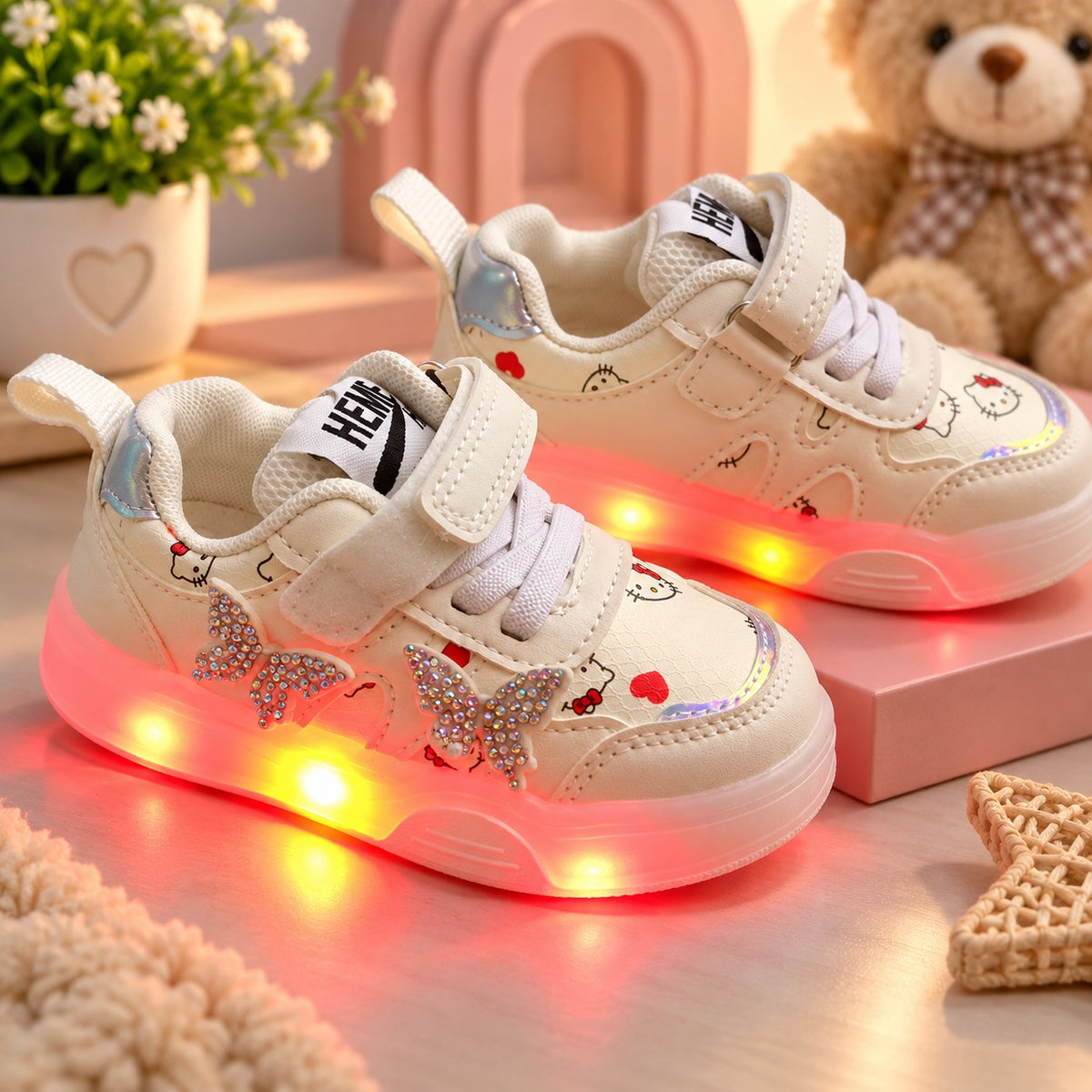 Smile Baby girls white LED light up sneakers with colorful glowing sole and butterfly embellishment