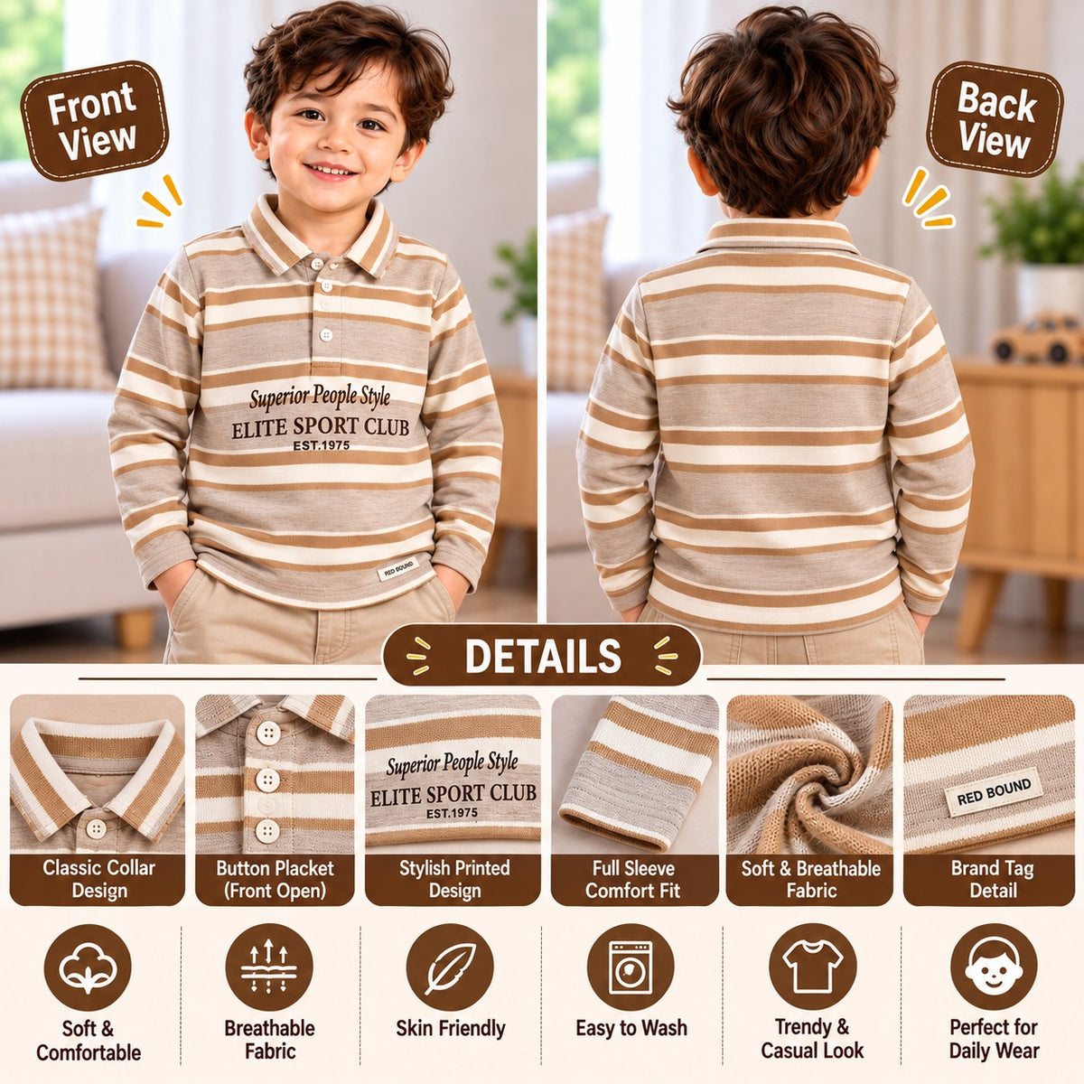 Red Sound boys fawn beige striped long sleeve polo T-shirt front view