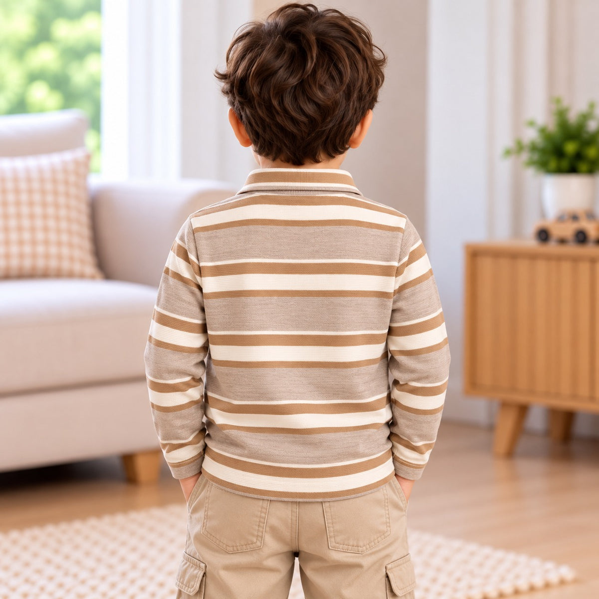 Red Sound boys fawn beige striped long sleeve polo T-shirt back view