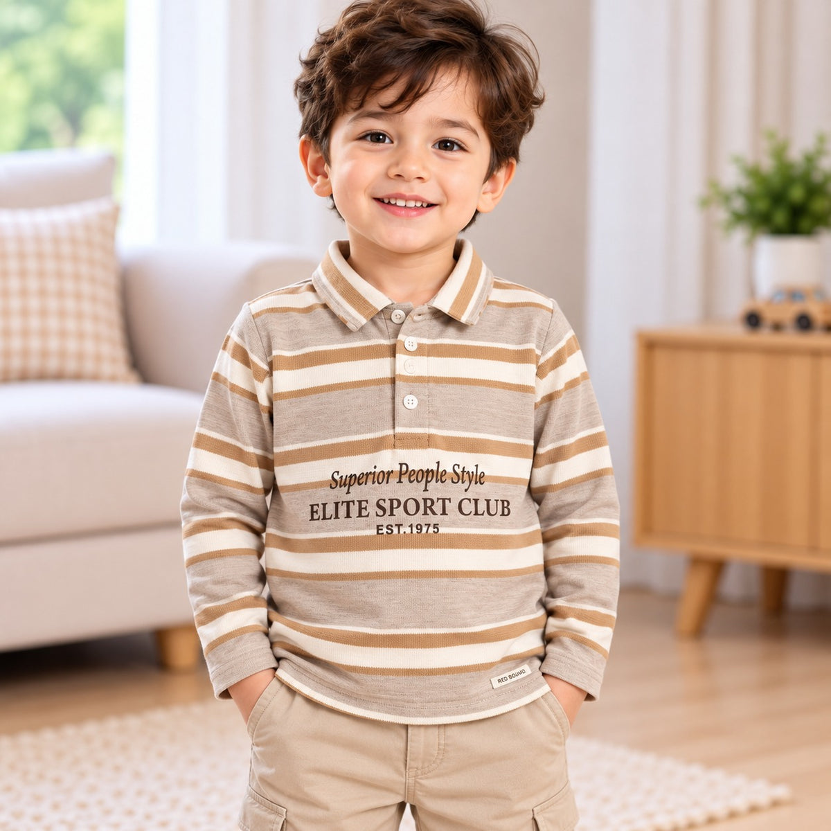 Red Sound boys striped fawn polo T-shirt front back views and fabric detail infographic