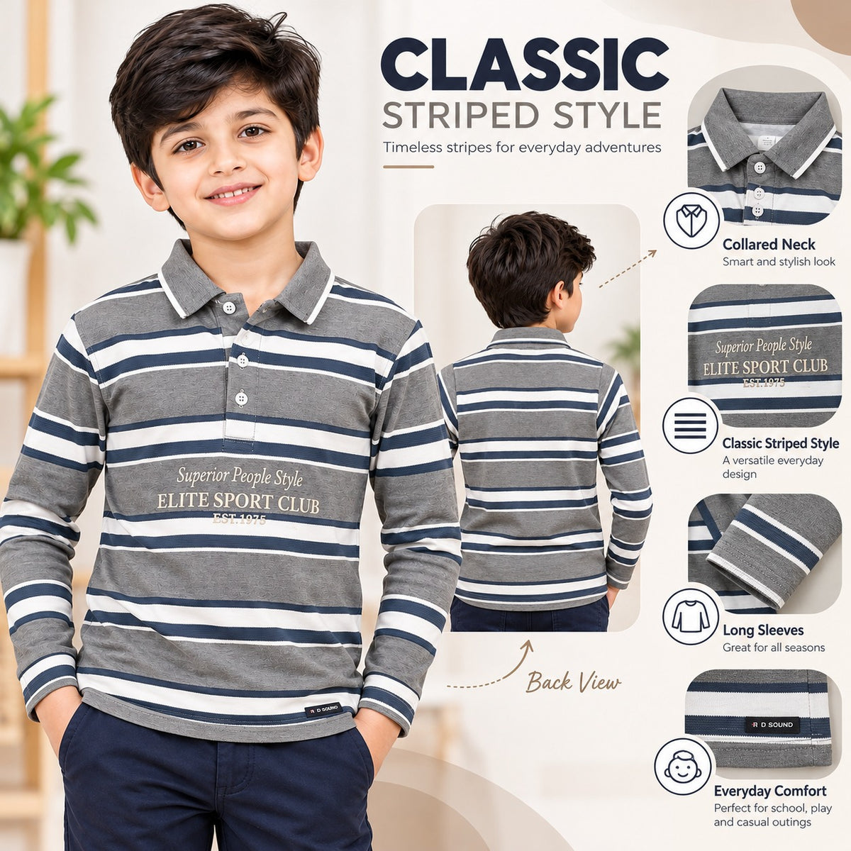 Red Sound Boys Fawn Striped Long Sleeve Polo T-Shirt 