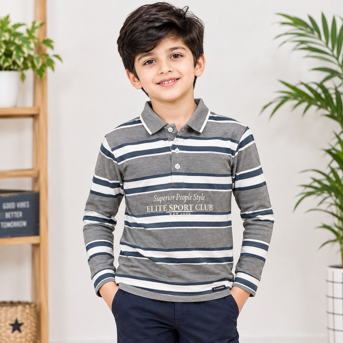 Red Sound Boys Fawn Striped Long Sleeve Polo T-Shirt 