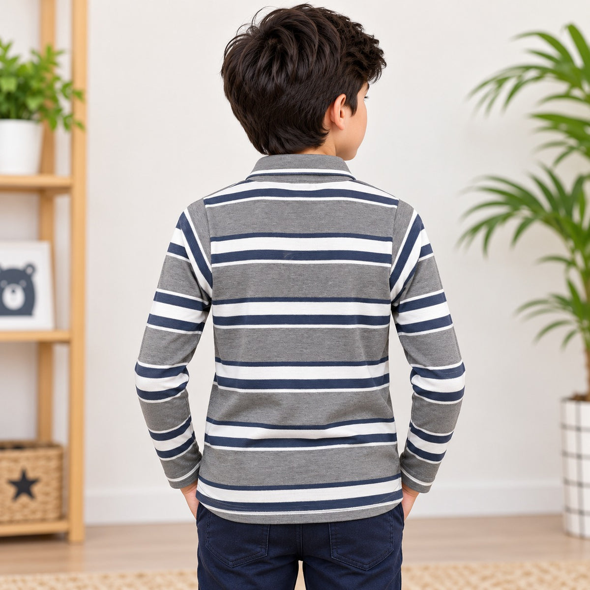 Red Sound Boys Fawn Striped Long Sleeve Polo T-Shirt 