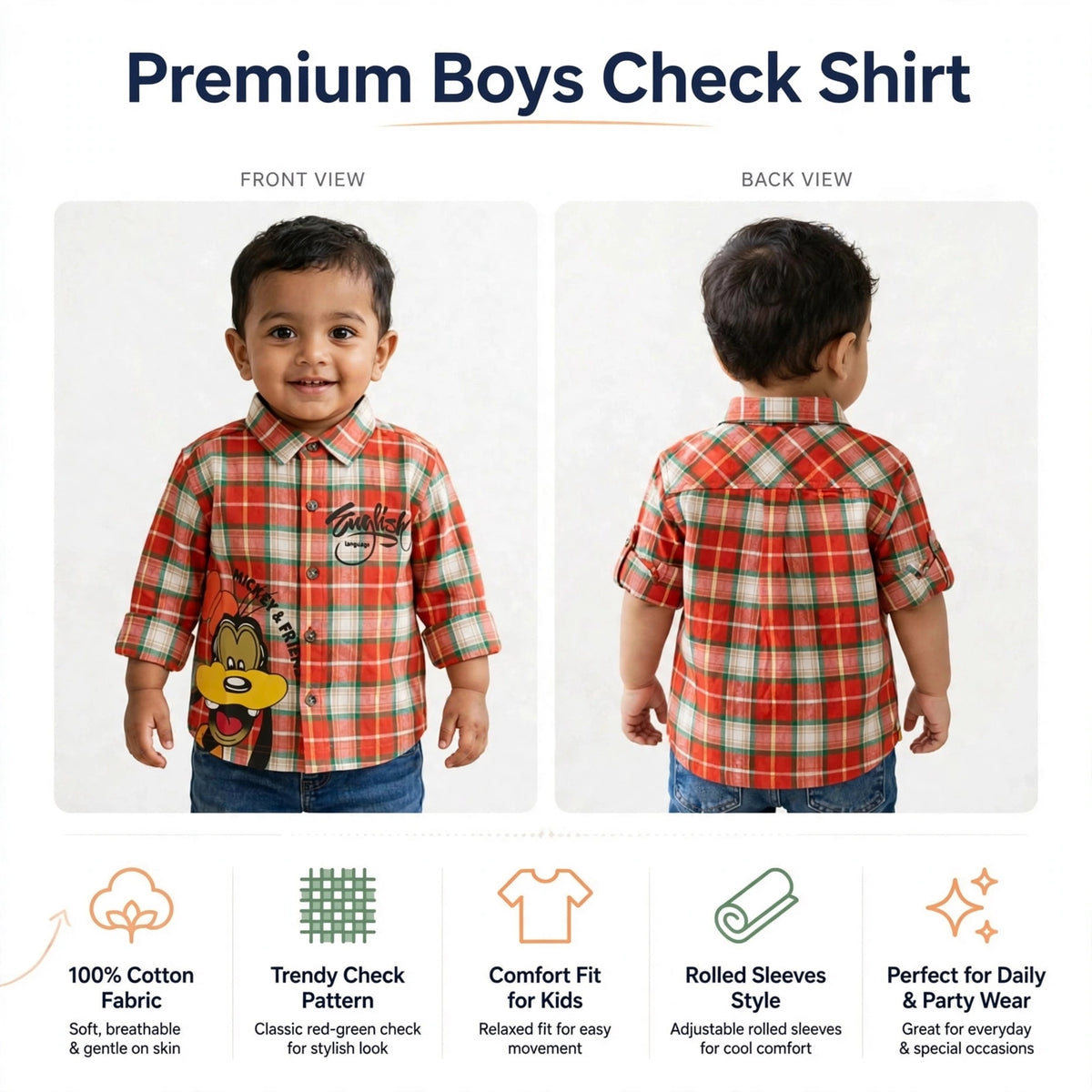 GUSTO boys check shirt product infographic