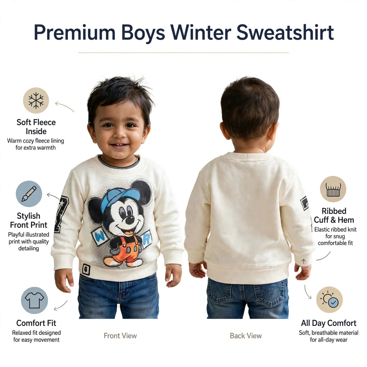 GUSTO boys white winter sweatshirt front and back features infographic