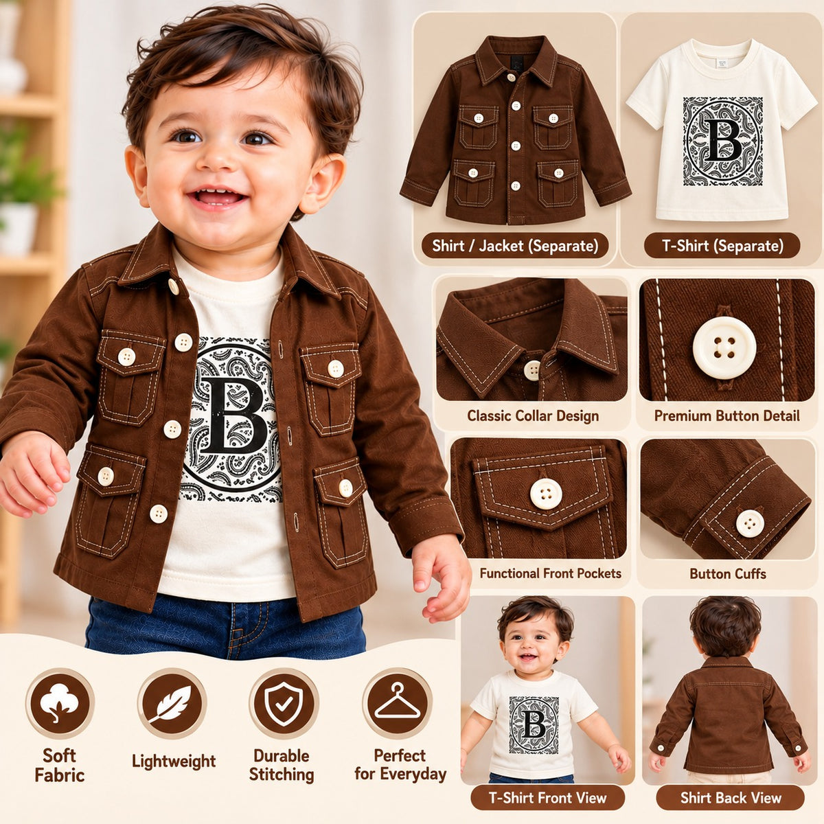 BLAZO camel brown boys shirt jacket with white graphic T-shirt front view