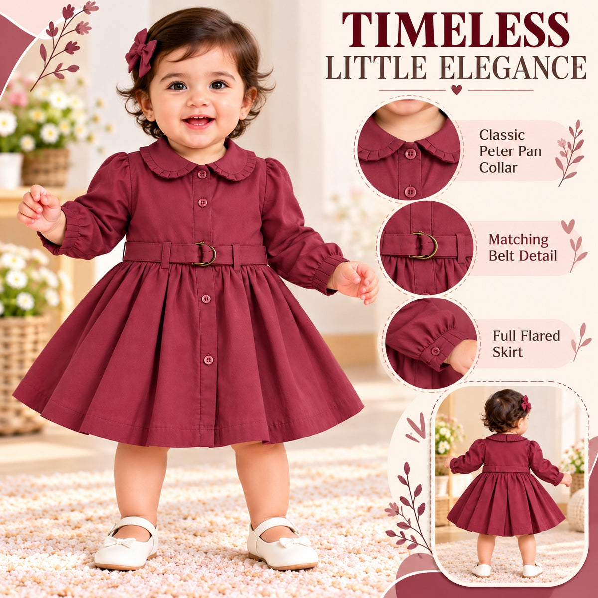 TOFFY HOUSE girls rust frock dress product infographic showing Peter Pan collar, belt and flared skirt details