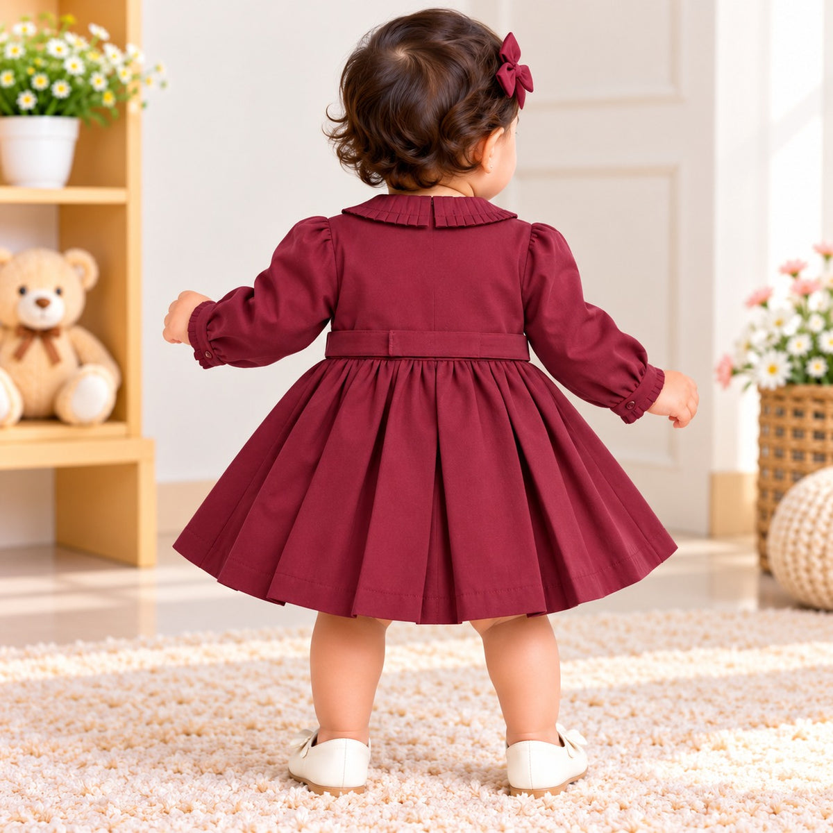TOFFY HOUSE girls rust frock dress back view with pleated skirt and belt