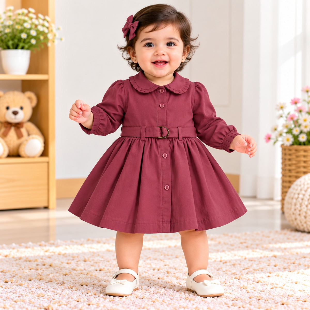 TOFFY HOUSE girls rust maroon collared long sleeve frock dress with matching belt front view