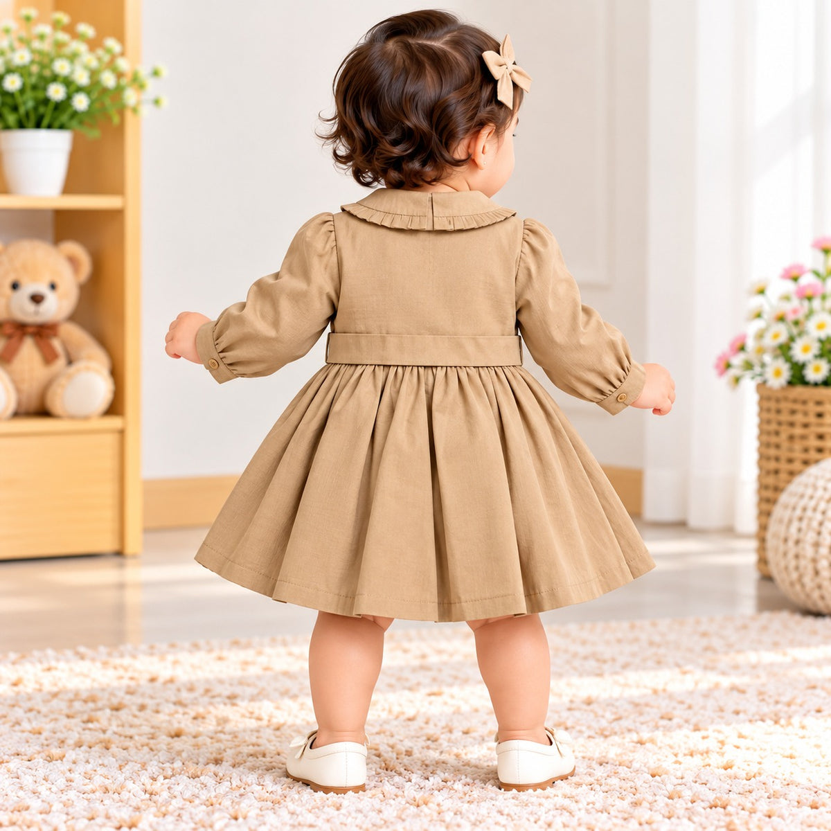 TOFFY HOUSE girls khakhi frock dress back view with pleated skirt and belt